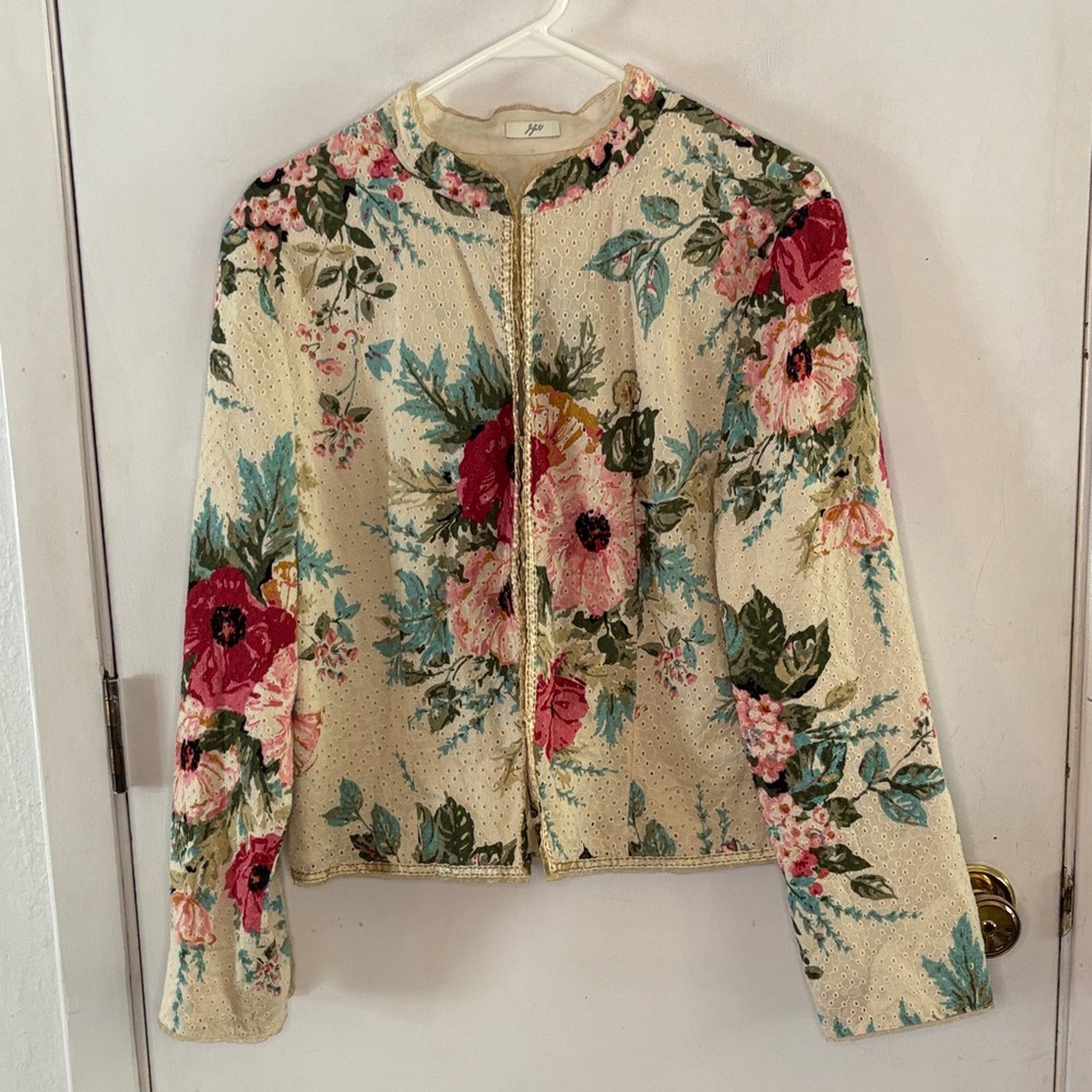 J Jill limited edition recrafted ivory lace jacket with floral print Size Large